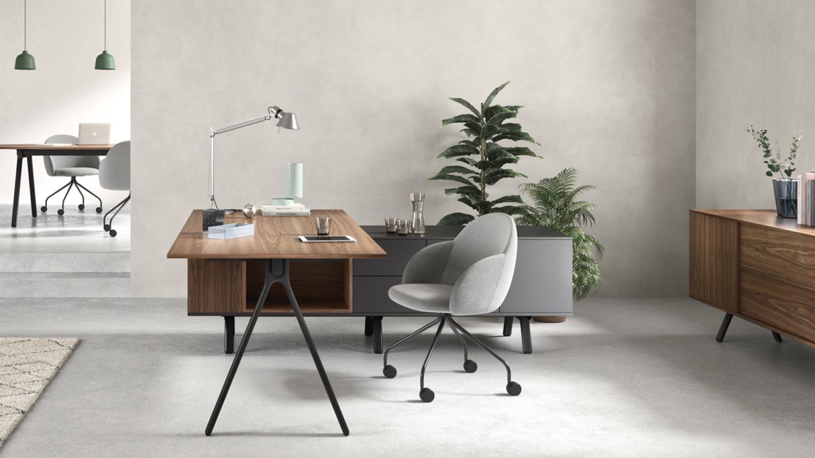 Design skriveborde Lay fra Archiutti i en række med lysegrå plader og rødt stel