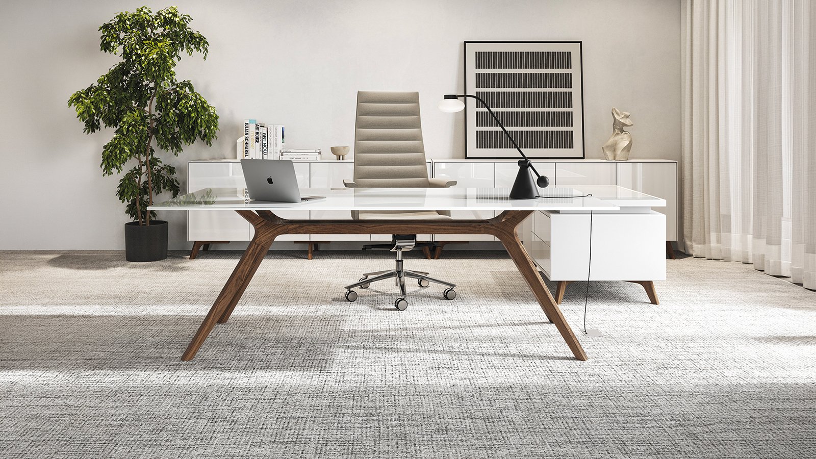 Design skrivebord DR fra Frezza med hvidlakeret stel i massivt træ