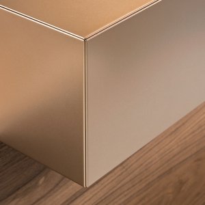 Front i bleget eg og overdel i brown metallic på receptionsdisken Toki