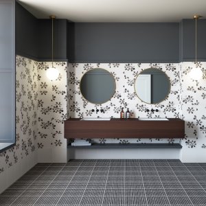 Chymia porcelænsgulv fra Mutina med sort-hvide teksturer