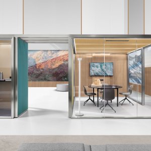 Landsby af CSS_Village moduler fra Citterio med glas og stofpaneler