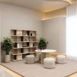 Lakeret panel i Ginza-understellet ved siden af panelet i travertin