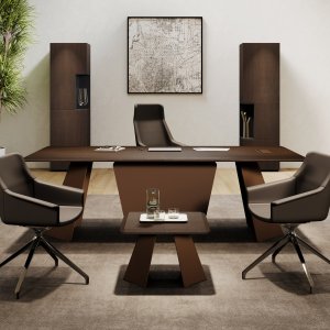 Monolith skrivebord i 3d-folie Noce Bali med stel i Rust