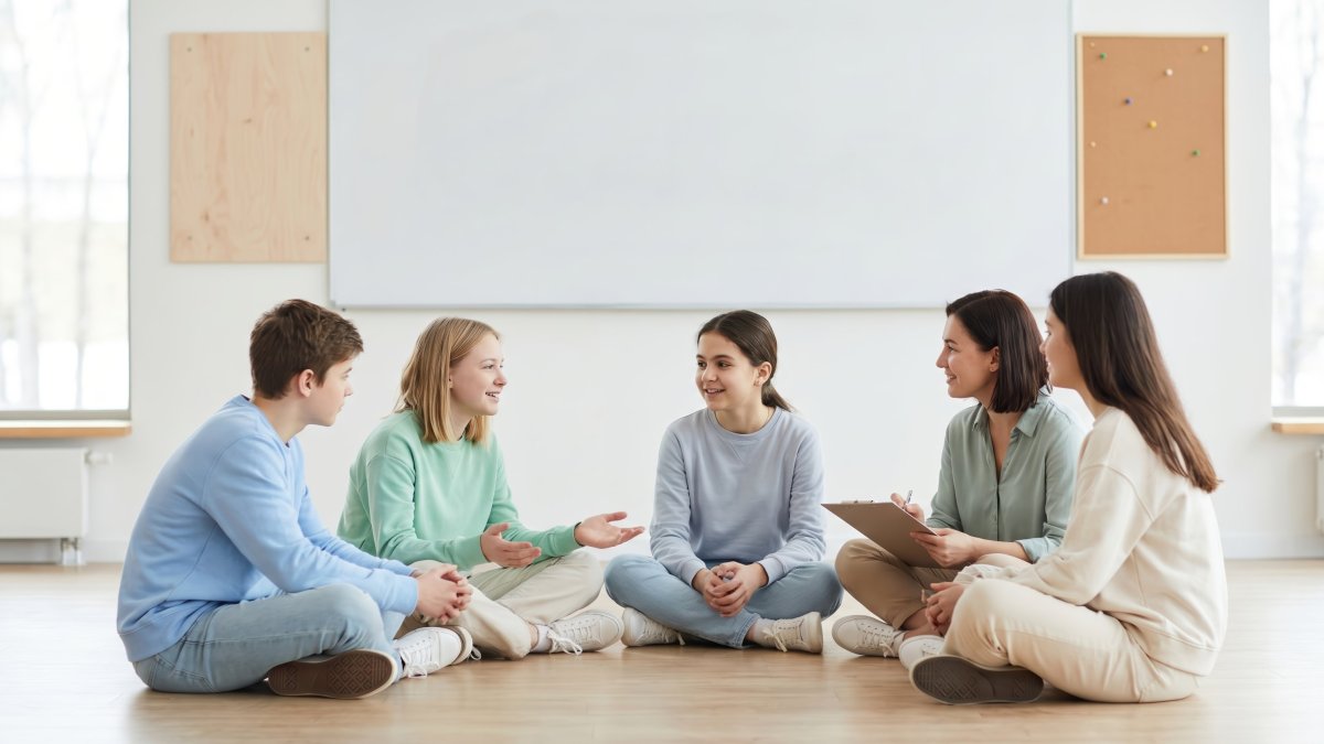 Teenagere og voksne sidder i en rundkreds på gulvet i et lyst klasseværelse foran en whiteboard
