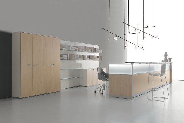 Receptionsskranke med bagbelyst front i matteret glas, skabe i lys eg og åbne hylder